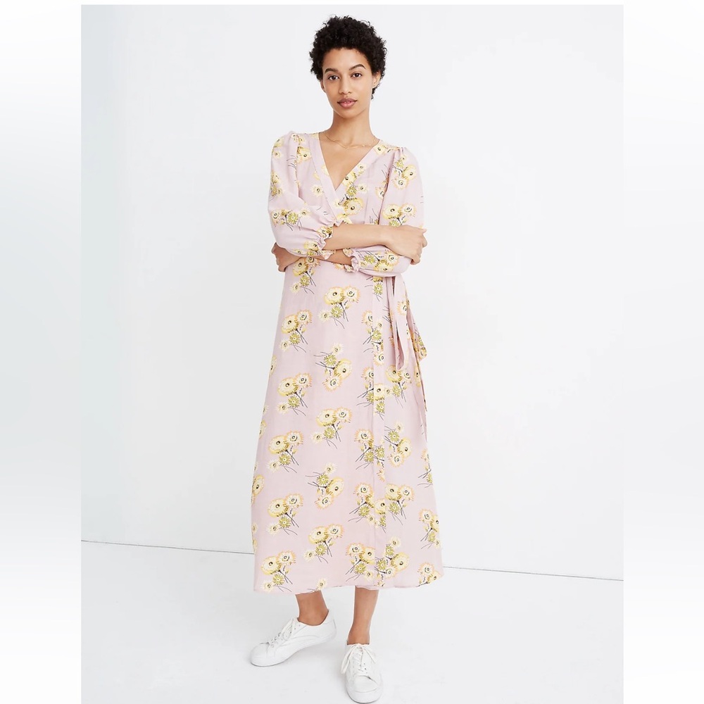 Madewell Linen-Blend Ruffle-Cuff Wrap Dress in Dutch Dandelions